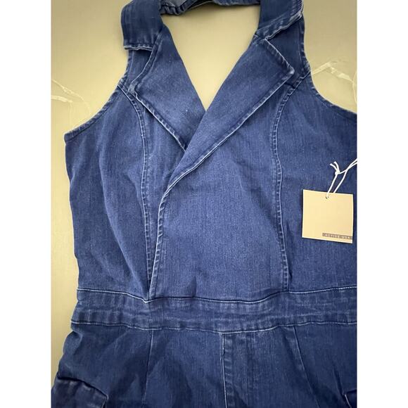 Active USA Women's M Notched Collar Halter Style Neck Denim Shorts Romper Blue - Picture 6 of 16